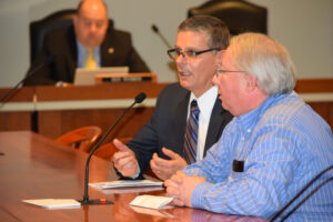 Three Rivers City Manager Joseph Bippus and Mayor Thomas Lowry testify on the Dark Stores issue Dec. 9, 2015.
