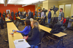 A large amount of media attend a news conference Tuesday on SB 571 at the Michigan Municipal League's Lansing office.