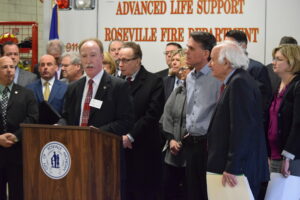 Roseville Mayor Robert Taylor kicks off Thursday's news conference at the Roseville Fire Department.