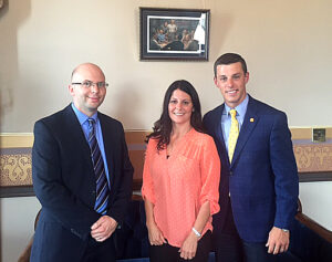 Rep. Lee Chatfield meets with Sault Ste. Marie City Manager Oliver Turner and City Clerk Robin Troyer in Lansing Wednesday.