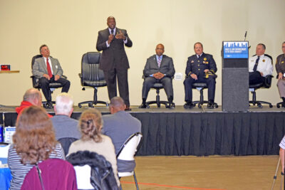 Law enforcement officials participate in a panel discussion at the Race and Law Enforcement in the Urban Community forum in Saginaw November 14, 2015.