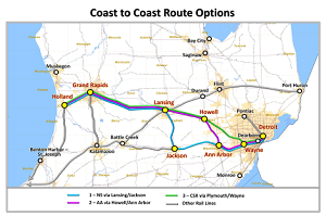 The pre-feasibility study looked at several routings for coast-to-coast service, as well as connections to existing Amtrak services.