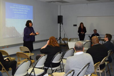 Pontiac Mayor Deirdre Waterman and Planner Galina Tachieva speak at the CNU Legacy Project Charrette in Pontiac Friday, April 15.