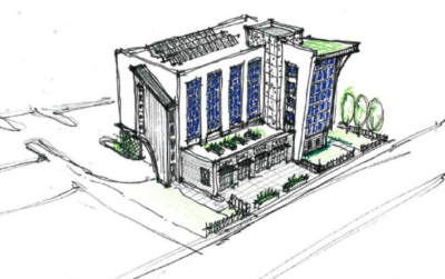 The developer's concept would include a rebuilt version of the fire station facade for sidewalk-facing retail, with a combination of office and affordable apartments above.