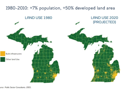 Maps of Michigan comparing the built infrastructure footprint in 1980 and 2020