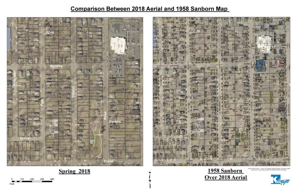 Kalamazoo staff created this amazing overlay of a 1958 Sanborn fire insurance map on a current aerial photo of part of the Northside neighborhood, showing how much of the historic neighborhood pattern had been lost over time.