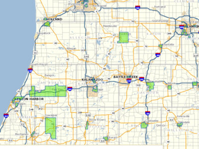 Map of southwest Michigan showing designated opportunity zones