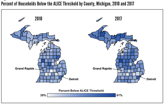 Map of Michigan counties by ALICE score, 2010 and 2017