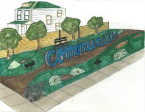 Park rendering. In the park there are trees, bushes, benches, with a path leading through the center of it. On the path there are large 3d letter that spell out "Community."