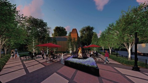 Rendering of the proposed community space, Mason's Corner. There are people gathered around trees, furniture, umbrellas, planters, and a bonfire.