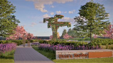 Rendering of Hana's Garden. Two people walk down a path surrounded by trees and flower.