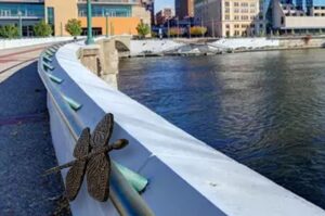 A metal dragon fly sculpture fastened to a hand rail along a path in downtown Grand Rapids.