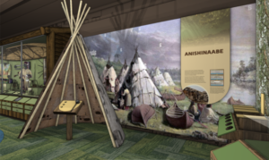 Museum display featuring information about Anishinaabe people.