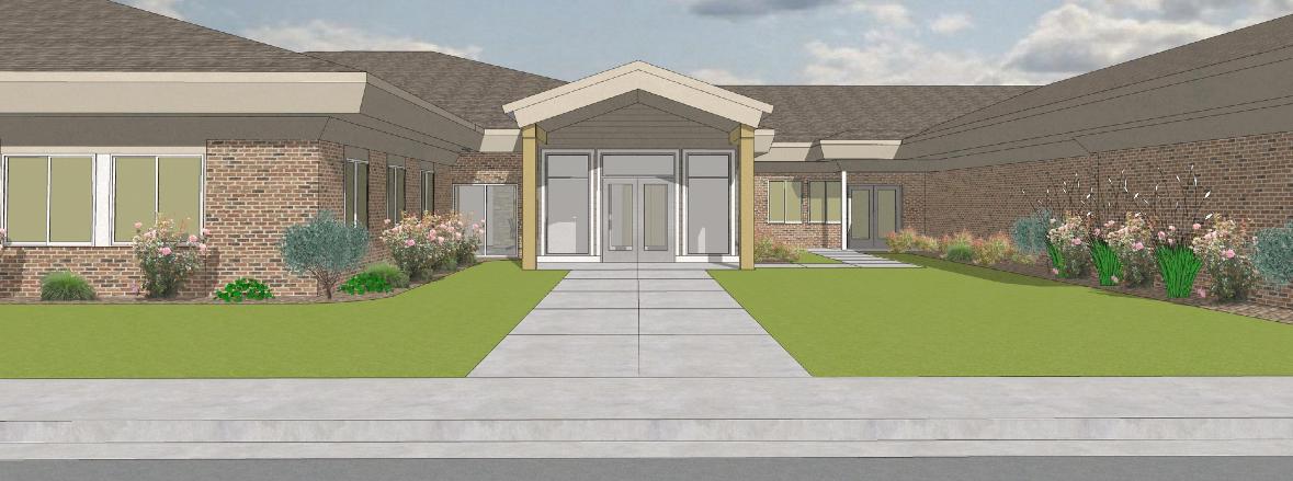 Rendering of the Douglas Civic Retrofit project. It is a one story brick building with many windows, surrounded by landscaping, a sidewalk leads to the front door.