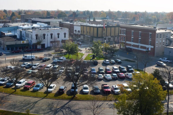 Aerial view of a fan shaped parking lot in downtown Mt. Pleasant.