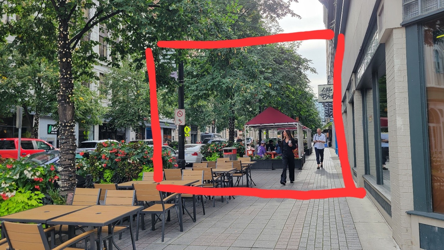Extra wide sidewalk in Downtown Grand Rapids. There are trees, flowers, and people seated outside a restaurant. There are lines drawn on the image to frame the seating on the sidewalk.