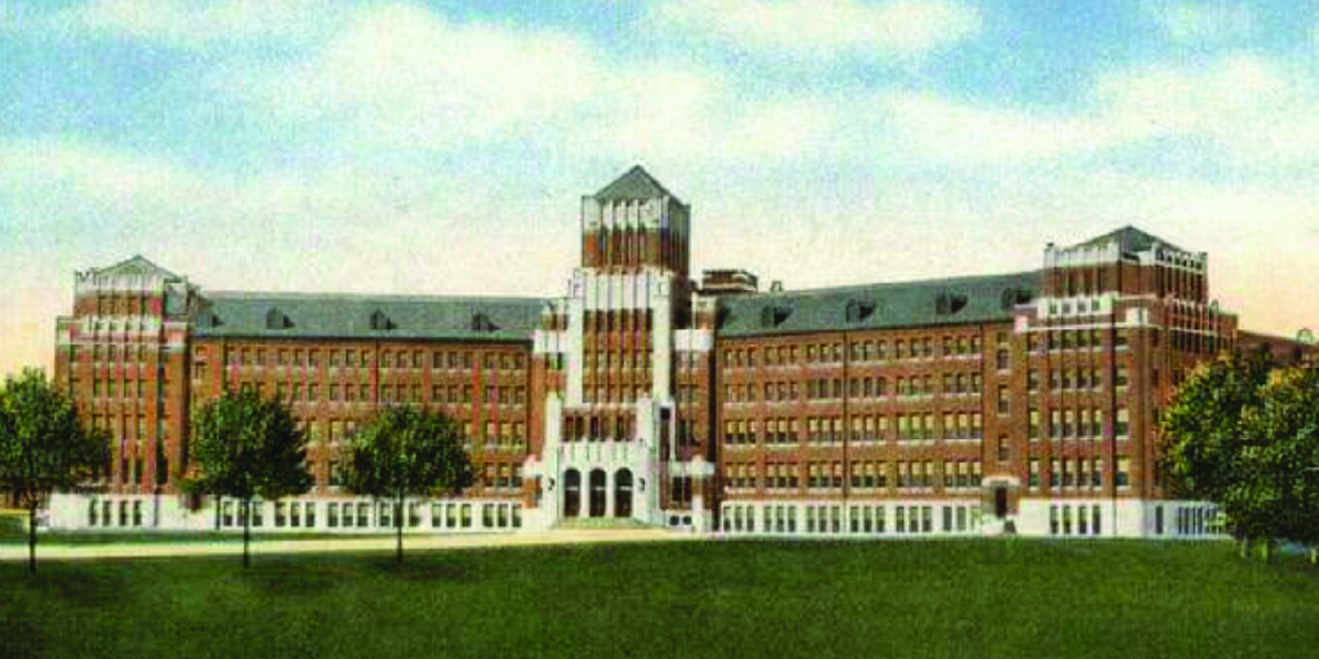 st marys monroe Illustration of a Catholic School that is made of brick and several stories tall.