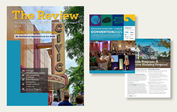 The cover and two spreads from the Fall 2026 issue of The Review.