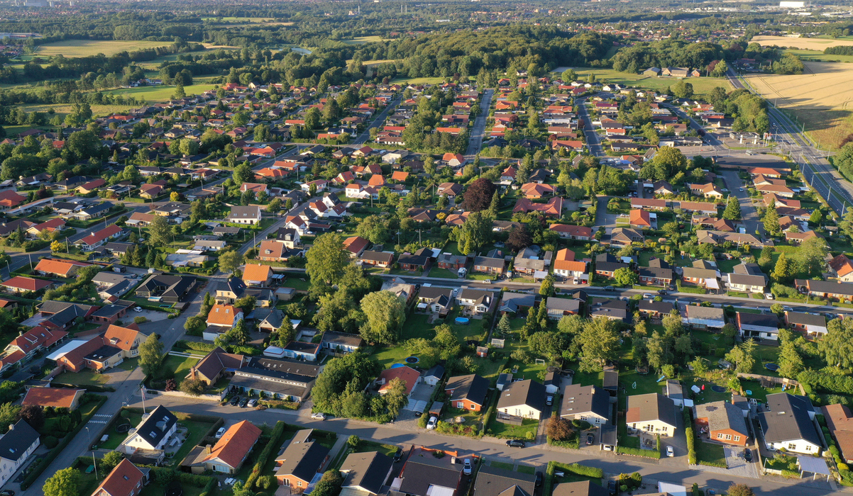Aerial view of a residential neighborhood.