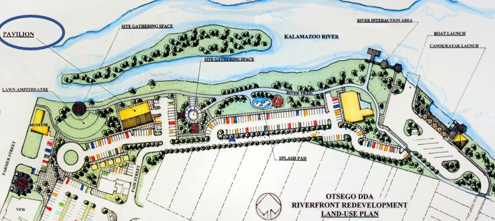 Artist rendering of plans for the Otsego, it shows boat launches, docks, an amphitheater, and gathering places on the Kalamazoo River.