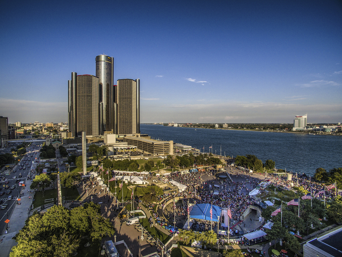 Aerial view of a concert in Hart Plaza, Detroit.