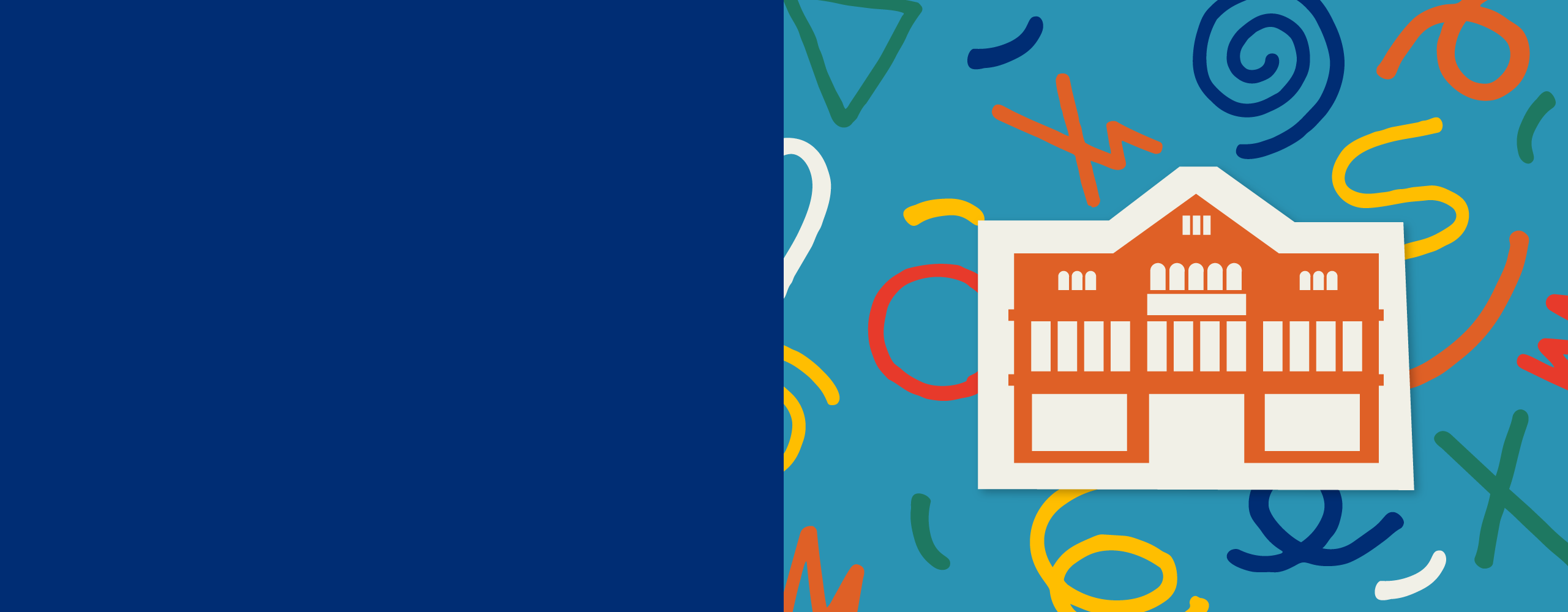 Convention promotion graphic with in blue and green with different color abstract scribbles with a city hall building.